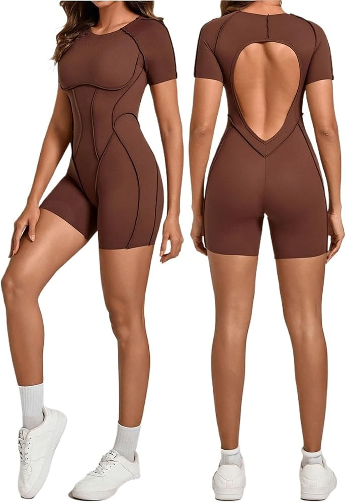 Women Contour Stitch Padded Jumpsuits Open Back One Piece Romper Short Sleeve Sexy Workout Bodysu... | Amazon (US)