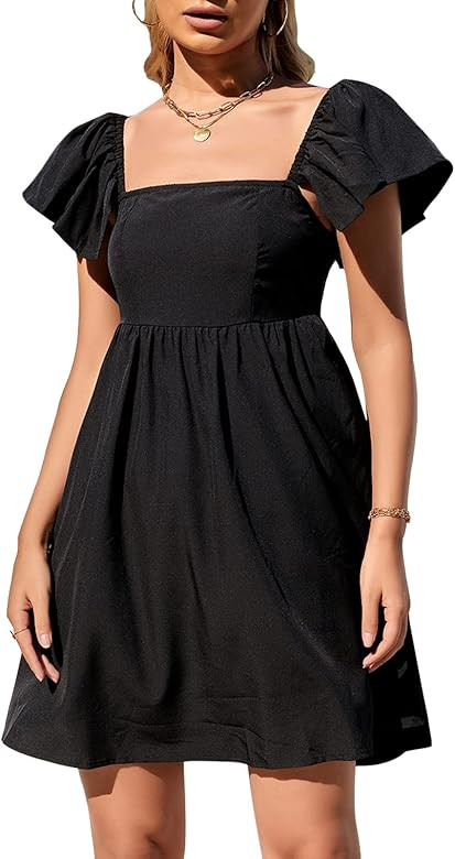 EXLURA Womens Casual Short Sleeve Square Neck Cap Sleeve Dress High Waist A-Line Casual Smocked B... | Amazon (US)