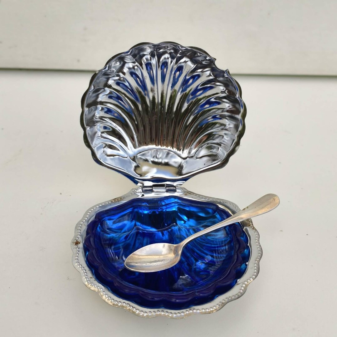 Caviar Clamshell With Cobalt Blue Glass Dish for Butter Silver Plated Shell Shape Bowl With Littl... | Etsy (US)