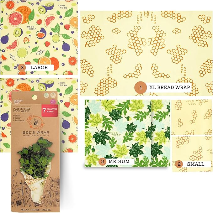 Bee's Wrap Beeswax Wraps for Food - Assorted 7 Pack (2S, 2M, 2L, & 1 Bread) Made in USA Reusable ... | Amazon (US)