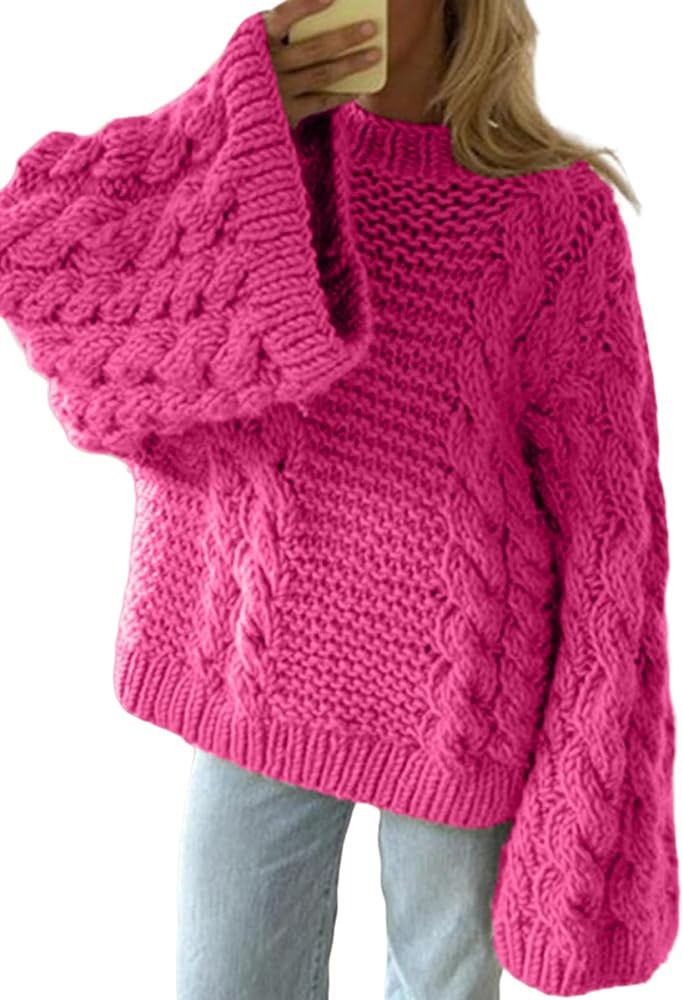 LETSVDO Women's Oversized Cable Knit Sweater Long Sleeve Crewneck Baggy Slouchy Chunky Pullover S... | Amazon (US)