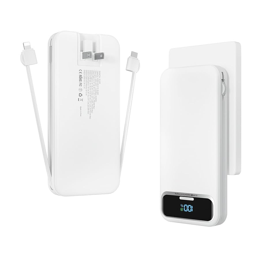 12000mAh Lightweight-Portable-Charger-Power-Bank with Built-in Cables and AC Wall Plug, PD20W USB... | Amazon (US)