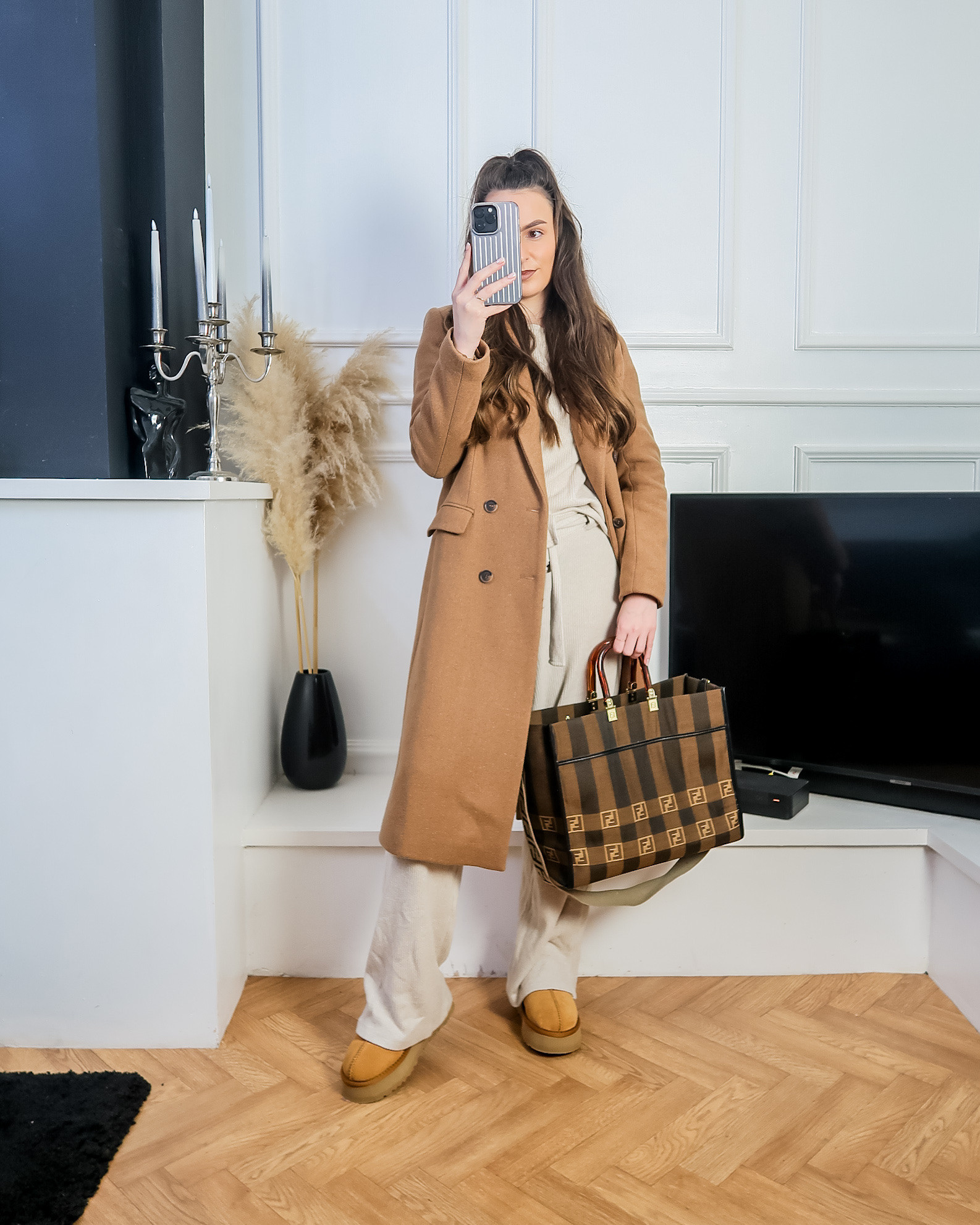 cream ribbed lounge suit, luxury loungewear, cozy chic outfit, tailored camel coat, neutral outfit aesthetic, elevated casual, WFH outfit, effortless style, minimalist fashion, platform Ugg boots, Ugg Tazz styling, Fendi sunshine tote, casual luxe, winter fashion, tonal dressing 

#LTKuk #LTKeurope #LTKworkwear
