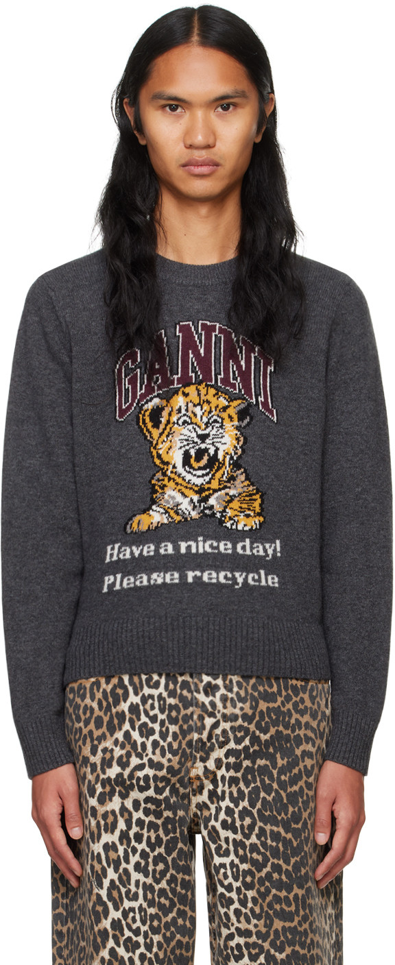 GANNI Gray Graphic Tiger Sweater | SSENSE