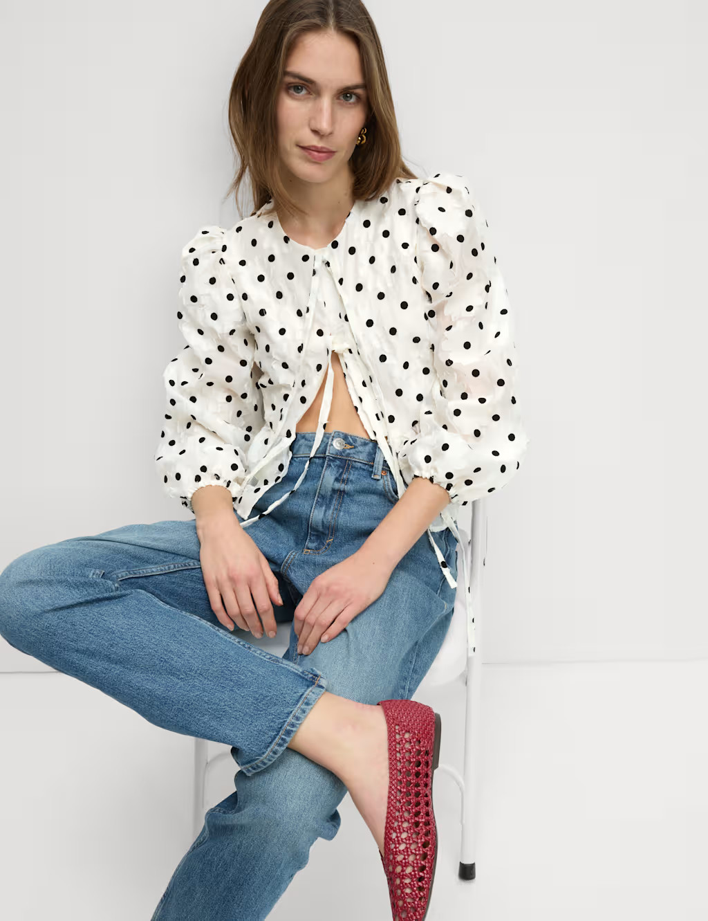 Polka Dot Tie Front Puff Sleeve Blouse | Marks & Spencer (UK)