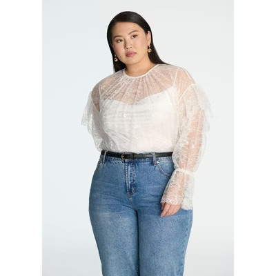 ELOQUII Women's Plus Size Lace Flared Sleeve Blouse - 22/24, Ecru | Target