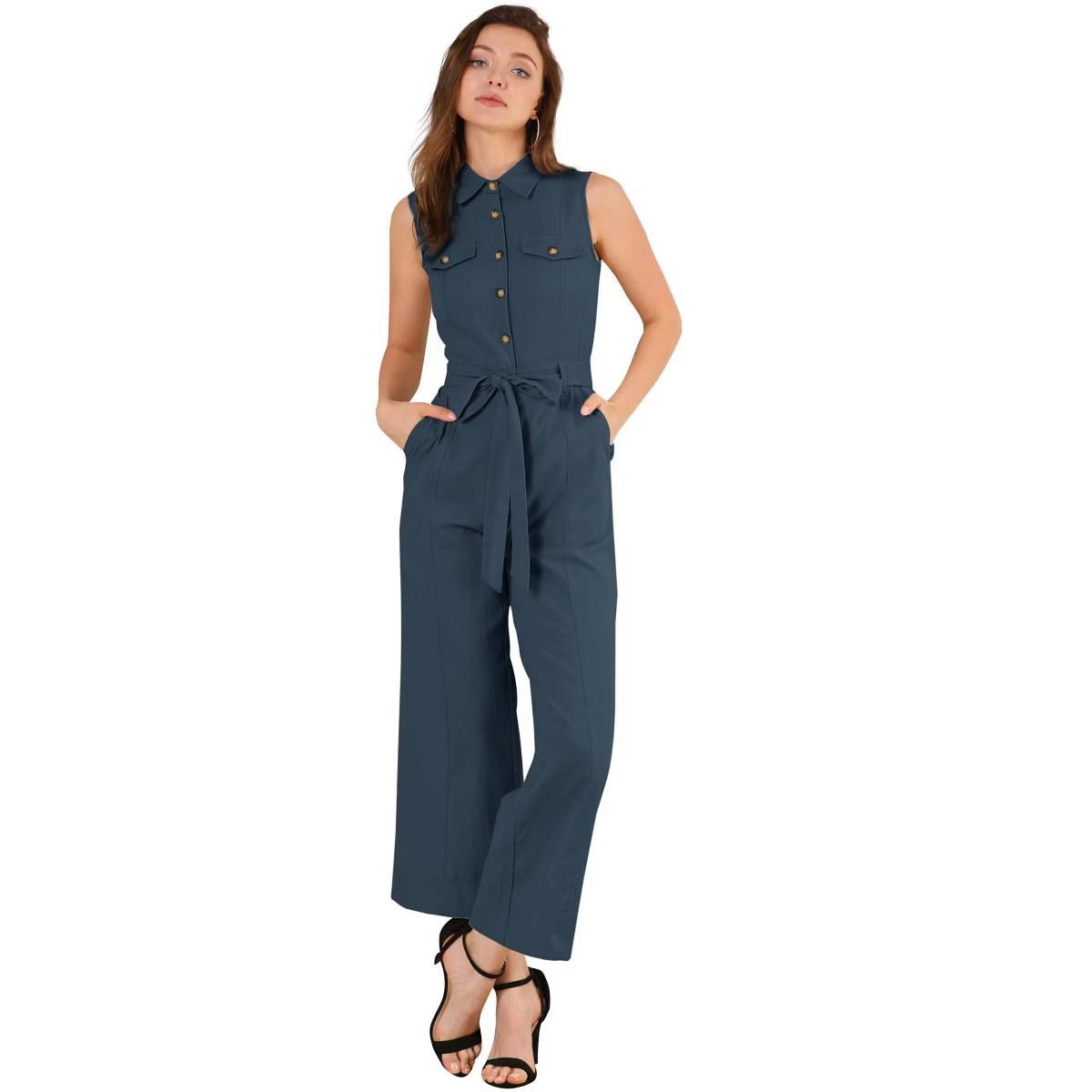 Allegra K Women's Button Down Collared Wide Leg Tie-Waist Sleeveless Jumpsuits | Target