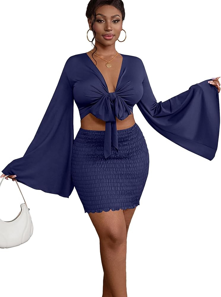 LYANER Women 2 Piece Vacation Outfits Tie Knot Front Bell Long Sleeve Crop Top and Mini Skirt Sum... | Amazon (US)
