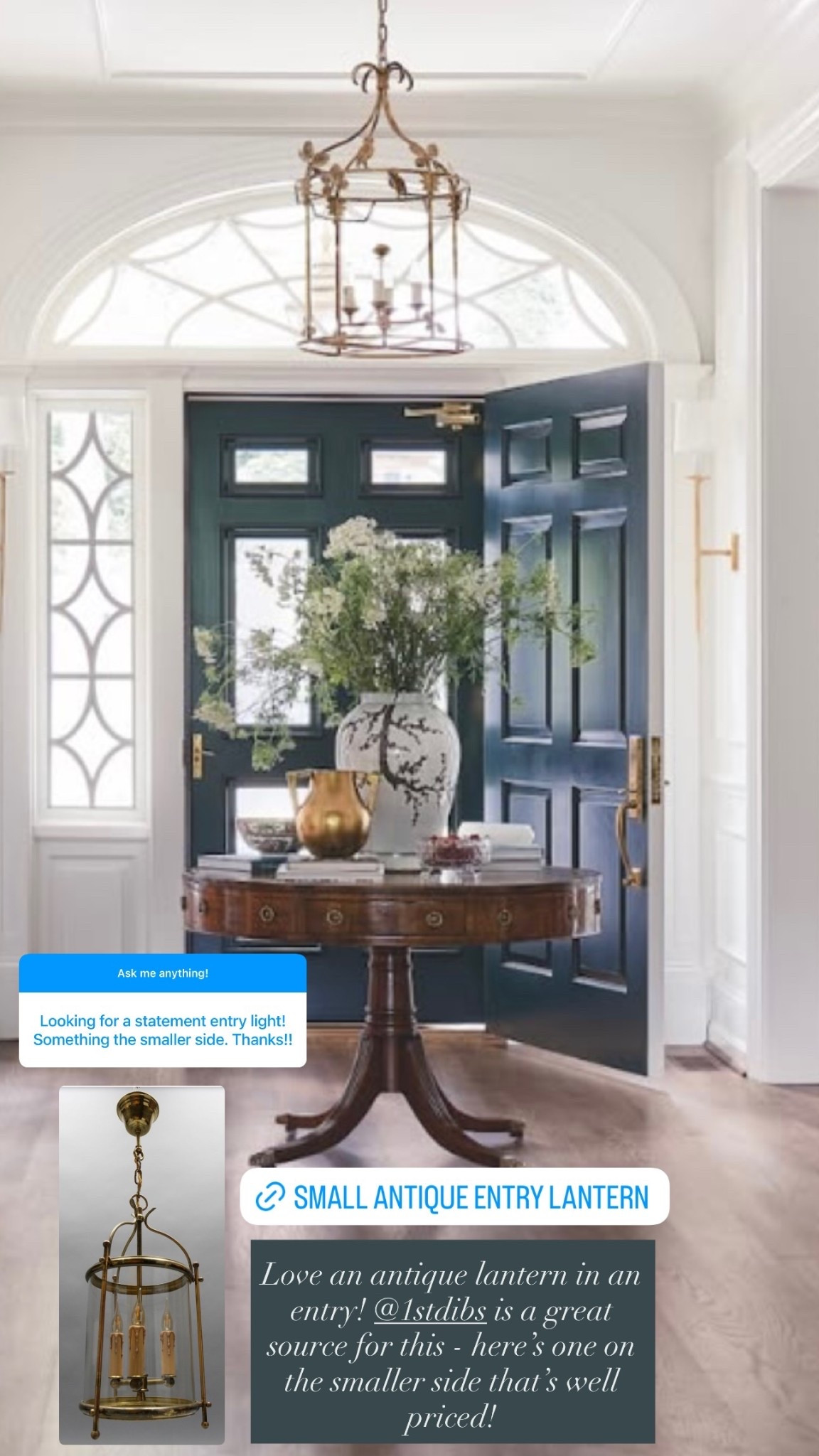 Love an antique lantern in an entry! @1stdibs is a great source for this - here’s one on the smaller side that’s well priced!