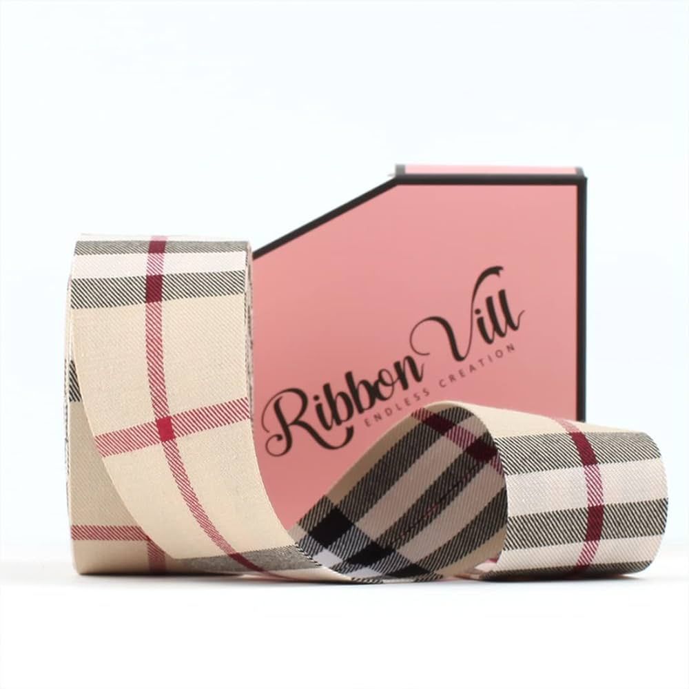 RibbonVill (1-1/2inch Wide, Beige) 5Yards Premium Fabric Cotton Ribbon Big Check Pattern Craft DI... | Amazon (US)