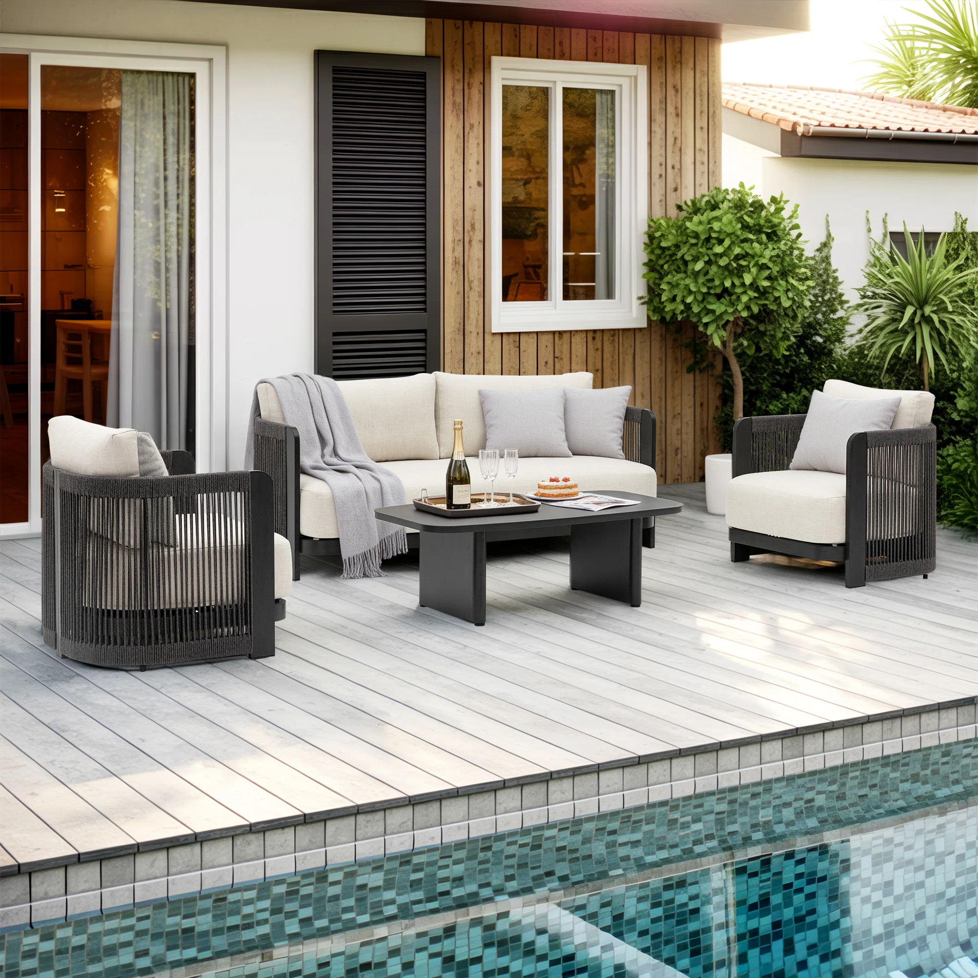 Modern Rope Woven Patio Sofa Set of 4 with Aluminum Frame and Wood Grain; Weather-Resistant Outdo... | Wayfair North America