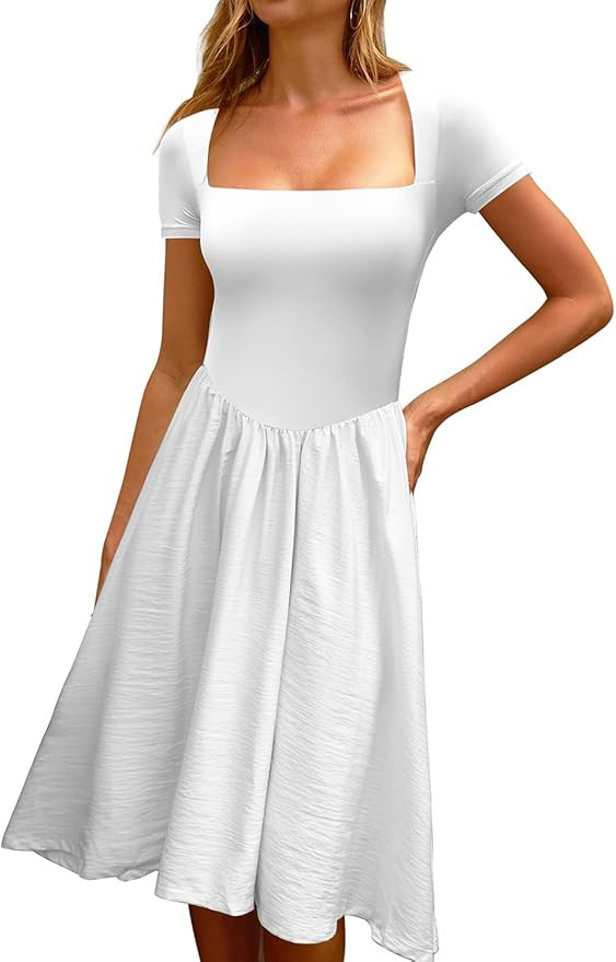 CHYRII Women Fashion Summer 2025 Square Neck Short Sleeve A-Line Midi Dress Long Sundress | Amazon (US)