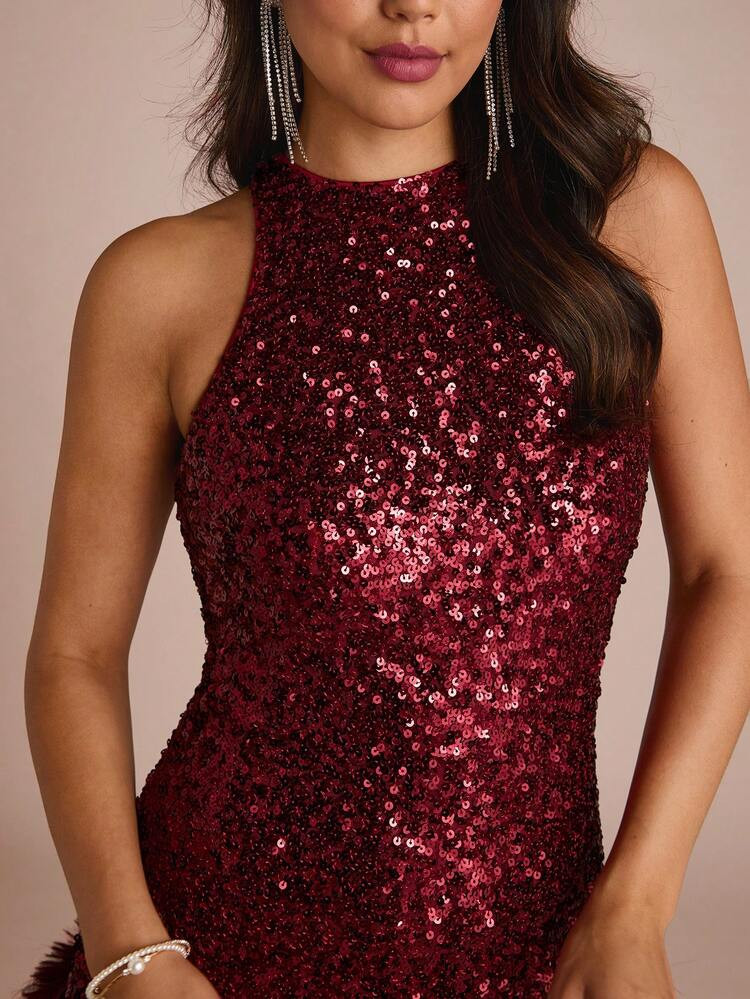 Enchnt Winter Romantic Women's Red Sequin Patchwork Maomao Sleeveless Mini Dress,Chic&Elegant For... | SHEIN