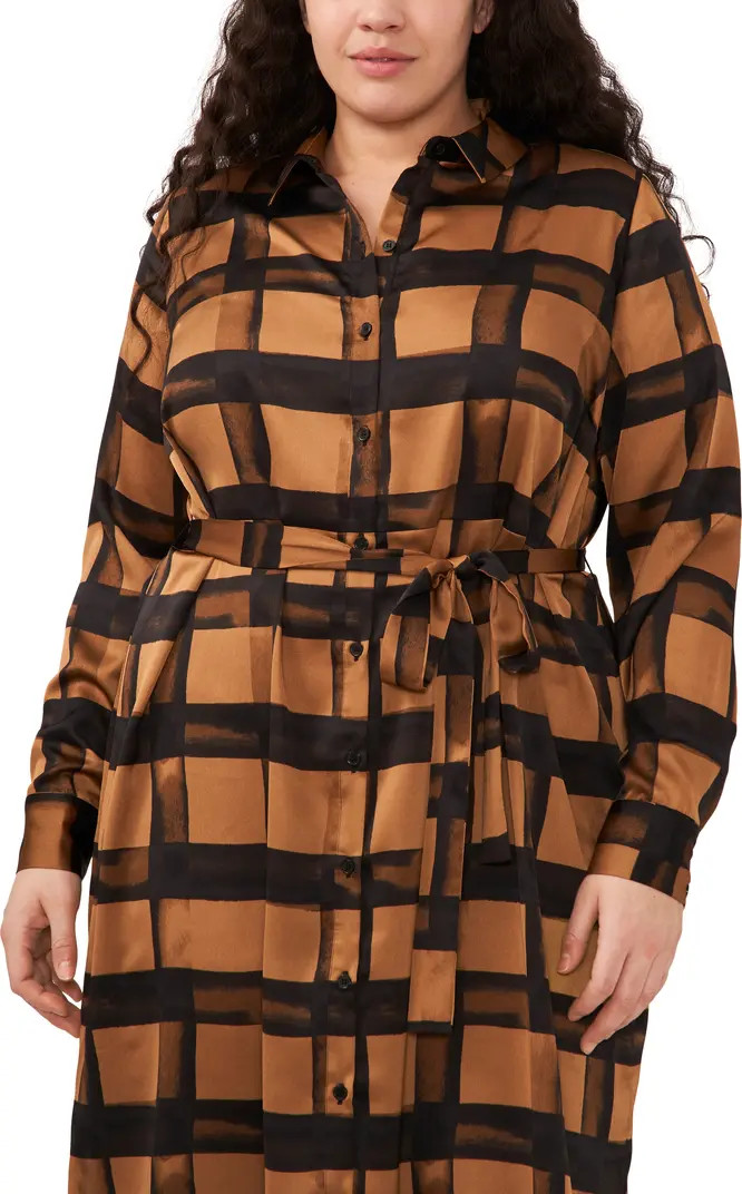 Grid Pattern Long Sleeve Tie Waist Midi Shirtdress | Nordstrom