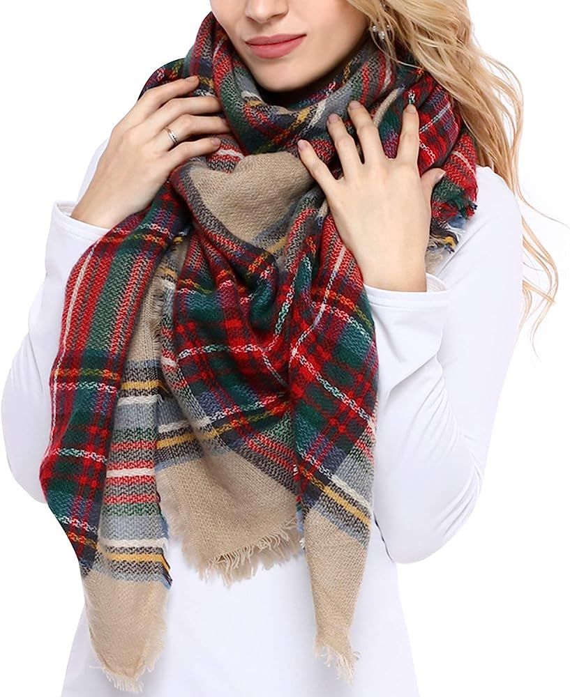 Bess Bridal Women's Plaid Blanket Winter Scarf Warm Cozy Tartan Wrap Oversized Shawl Cape | Amazon (US)