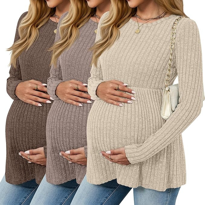3 Pack Women's Maternity Shirts, Ribbed Long Sleeve Pregnancy Sweaters Tunic Pleated Tops Crew Ne... | Amazon (US)