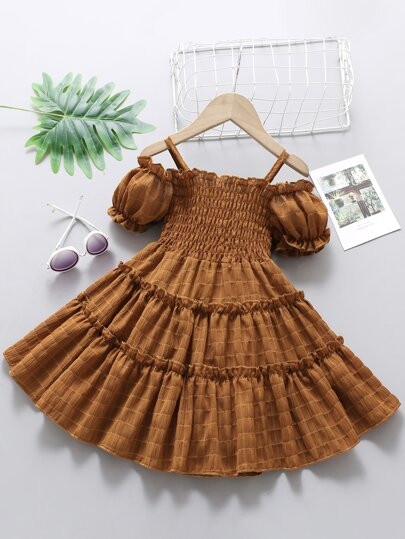 SHEIN Kids SUNSHNE Toddler Girls Cold Shoulder Shirred A-line Dress | SHEIN