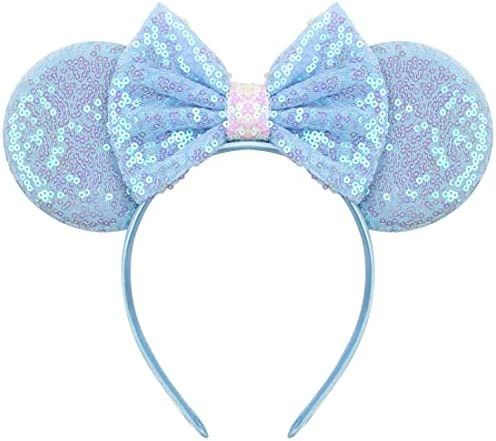 YanJie Dream Blue Sparkle Bow Sequin Mouse Ear Cosplay Party Hairband | Amazon (US)