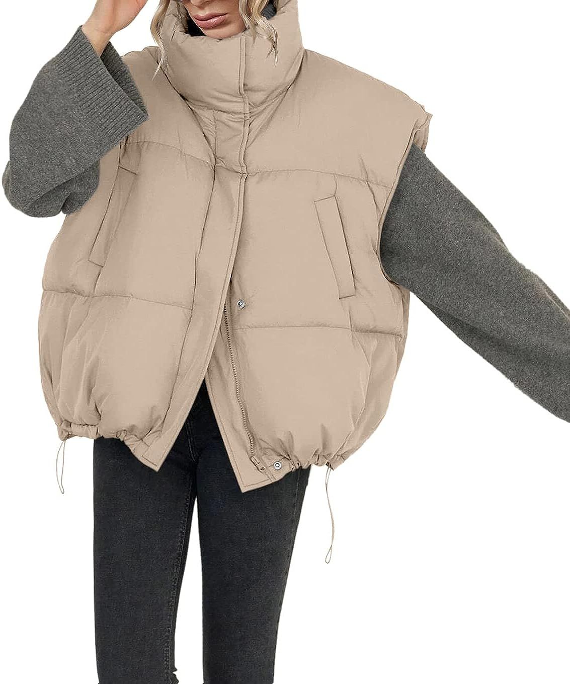 Veatzaer Womens Sleeveless Zip Puffer Vest Drawstrig Hem Oversized Stand Collar Warm Winter Coats | Amazon (US)