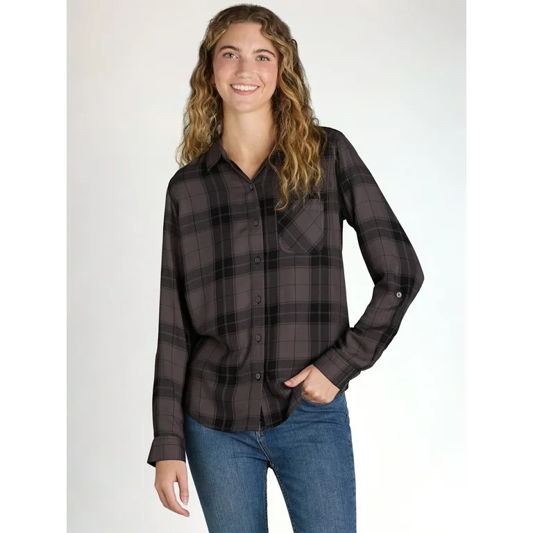 Time and Tru Women's Soft Button Up Shirt with Long Sleeves, Sizes XS-XXXL | Walmart (US)