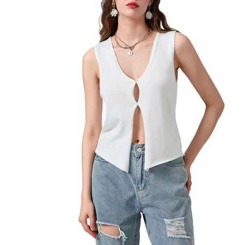Women Vintage Crochet Vest Tank Top Y2k Sleeveless V Neck Knit Open Front Crop Top Streetwear A-White | Amazon (US)