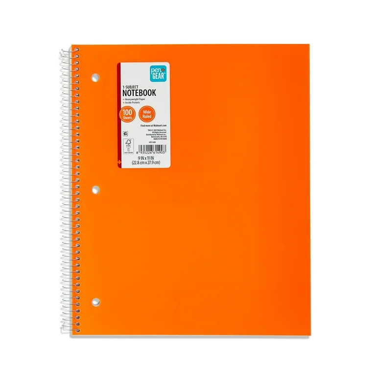 Pen + Gear Wide Ruled Poly 1-Subject Notebook with Inside Pockets, 9" x 11", Orange, 100 Heavywei... | Walmart (US)
