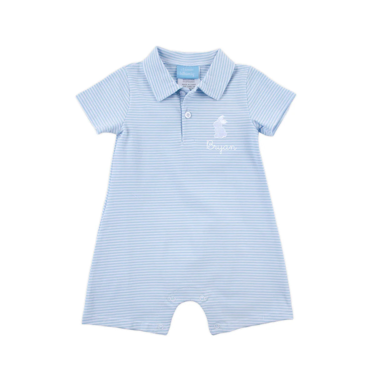 Bunny Light Blue Stripe Polo Romper | Classic Whimsy