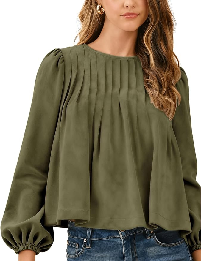 Gozoloma Women's Faux Suede Babydoll Top Long Sleeve Pleated Peplum Blouse Crewneck Loose Fit Shi... | Amazon (US)