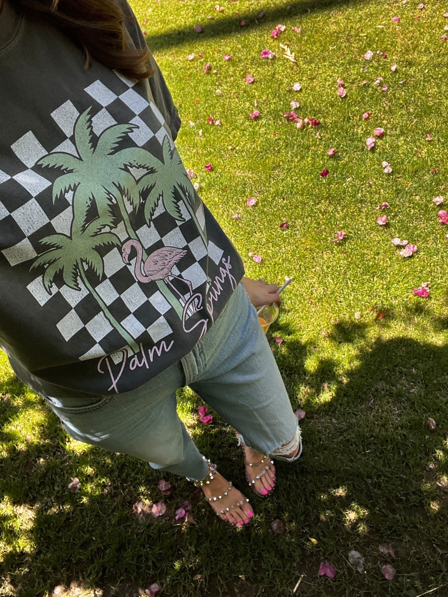 Palm Springs checkerboard tee madewell jeans denim Steve Madden studded sandals vacation styling mom fashion 

#LTKTall #LTKmomlife