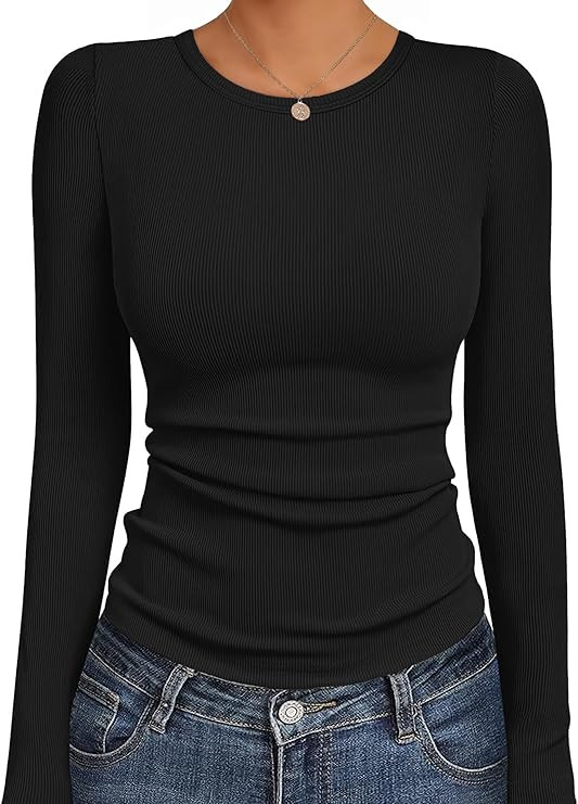 Ekouaer Womens Long Sleeve Shirts Crew Neck Stretchy Fitted Ribbed Tops Basic Base Layer Soft The... | Amazon (US)