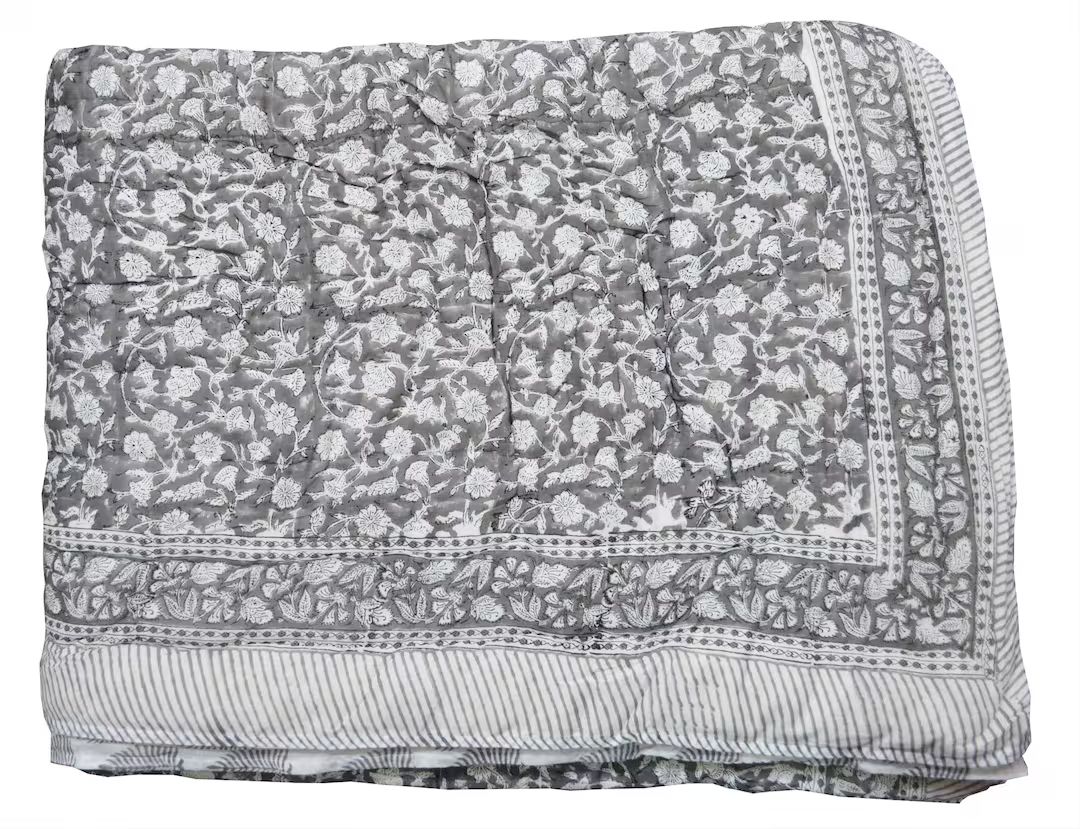 Indian Handmade Cotton Quilt, Floral Block Print Blanket Quilt Razai, Queen Size Bed Cover Razai,... | Etsy (US)
