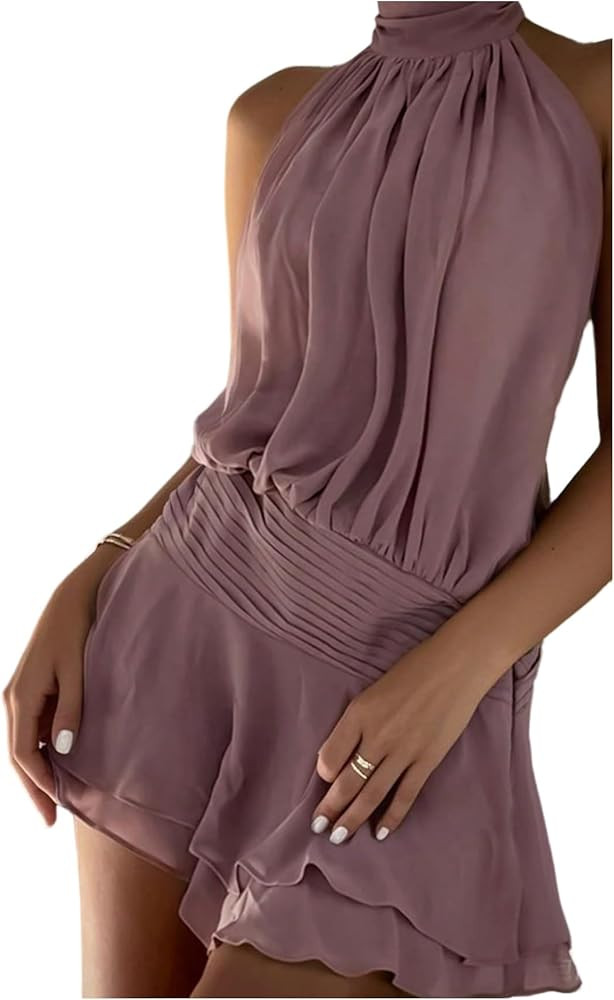 Floerns Women's Summer Mini Dress Sleeveless Halter Backless Ruched Date Night Layered A Line Dre... | Amazon (US)