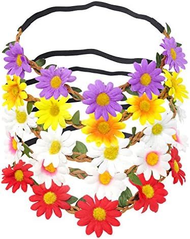 Honbay 5PCS Daisy Flower Headband Bohemian Flower Crown Floral Headband with Elastic Ribbon | Amazon (US)