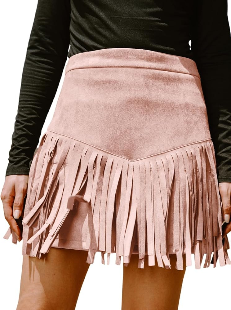 CUPSHE Women Fringe Skirts Western Cowgirl Terra Cotta High Waist Mini Skirt Suede Tassel Short C... | Amazon (US)