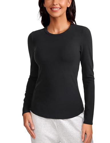 CRZ YOGA Womens Long Sleeve Shirts Stretchy High Crewneck Slim Fitted Shirt Fall Casual Basic Layer Tee Tops Black X-Large | Amazon (US)