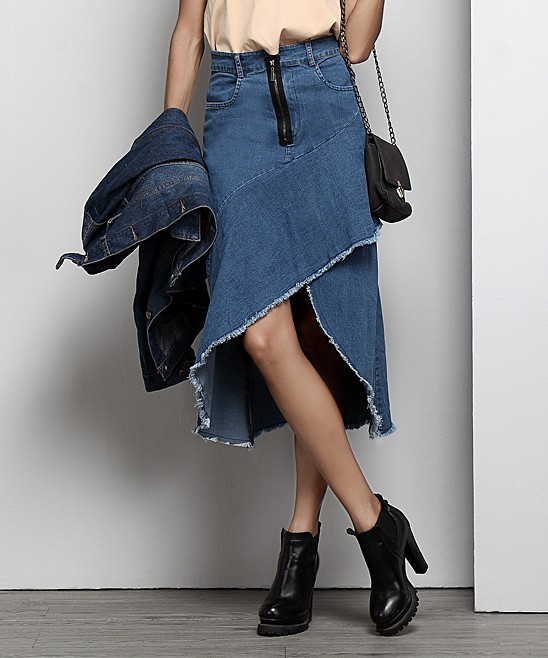 Reborn Collection Women's Denim Skirts Indigo - Indigo Asymmetrical Raw-Hem High-Waisted Skirt - Plu | Zulily