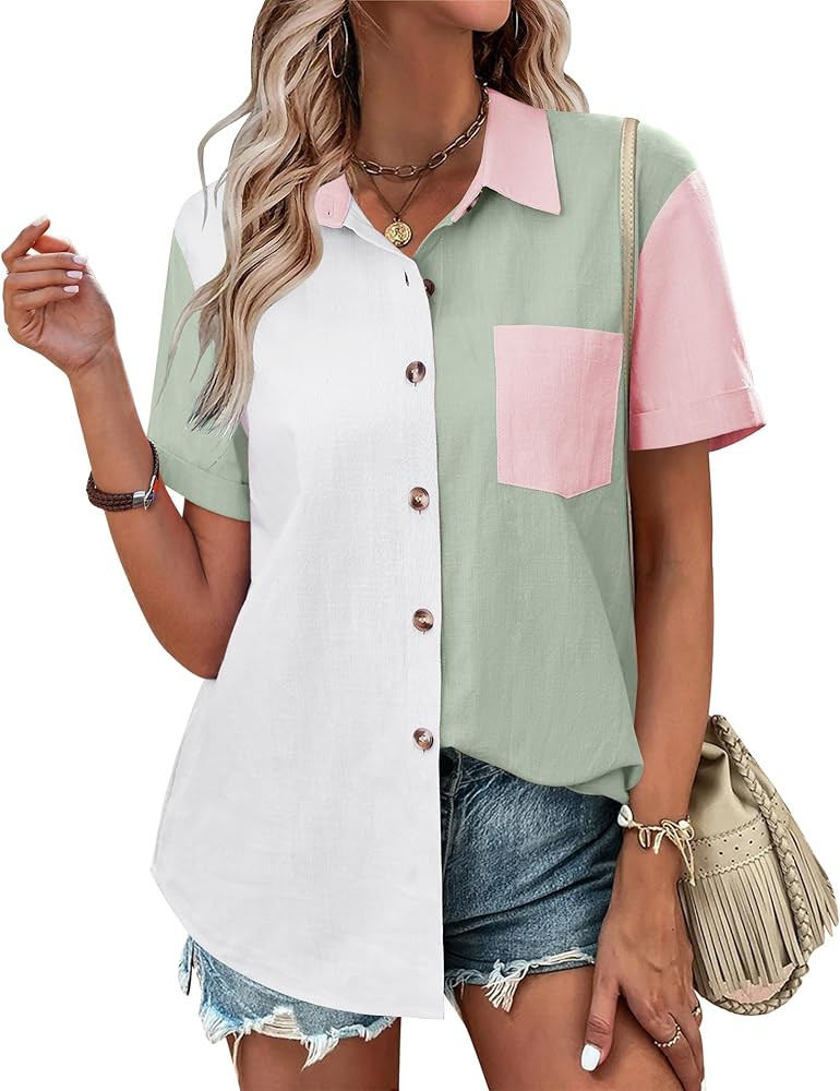 Zeagoo Womens Button Down Shirts Color Block Short Sleeve Cotton Linen Summer Causal Blouses Tops | Amazon (US)
