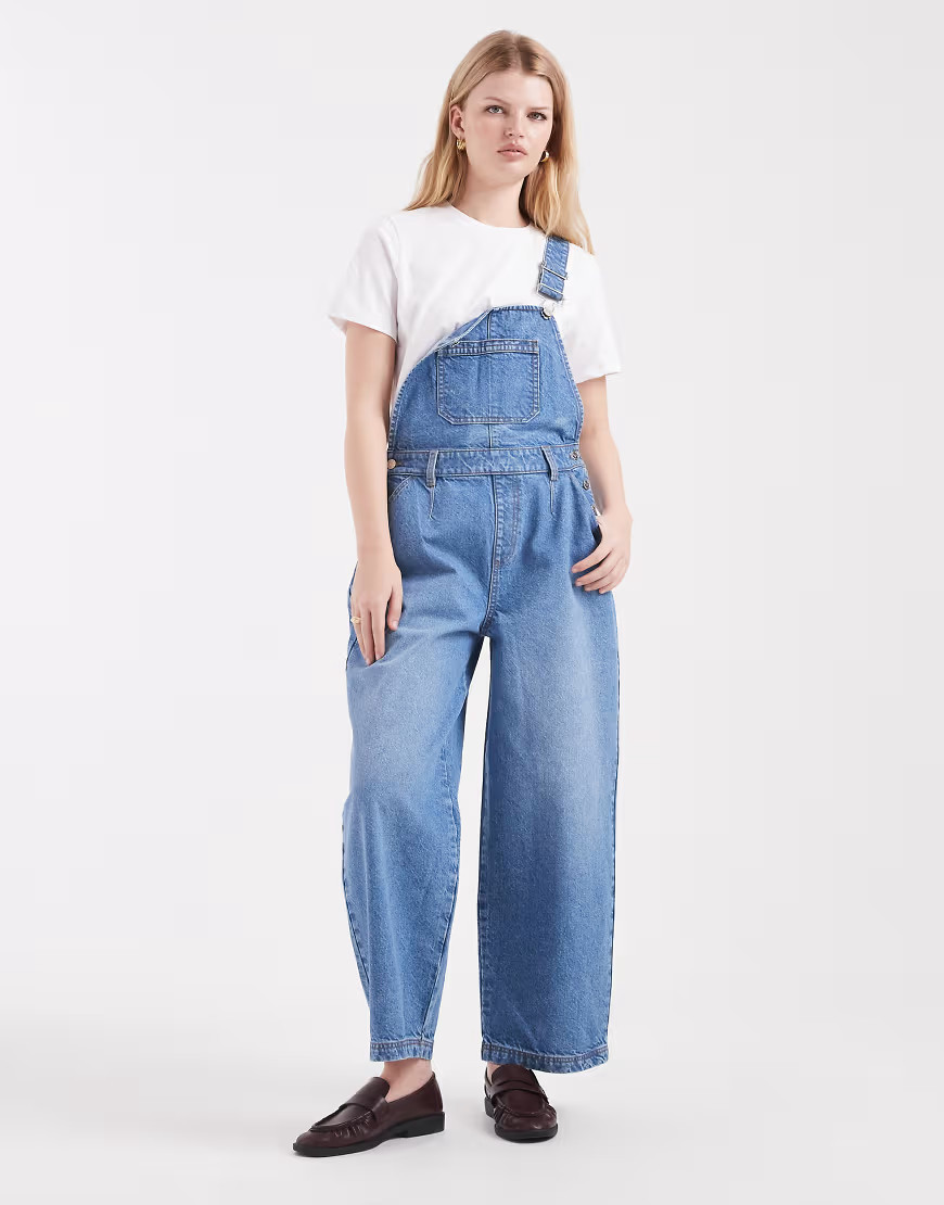 Miss Selfridge barrel leg overalls in mid wash-Blue | ASOS (Global)