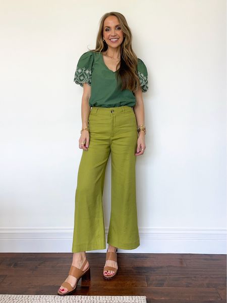 Green monochromatic style with @jcrew eyelet sleeve blouse + @anthropologie chartreuse pants 

#LTKStyleTip #LTKSeasonal #LTKWorkwear