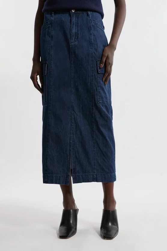 Denim Woven Cargo Pocket Tailored Midi Skirt | Karen Millen UK + IE + DE + NL