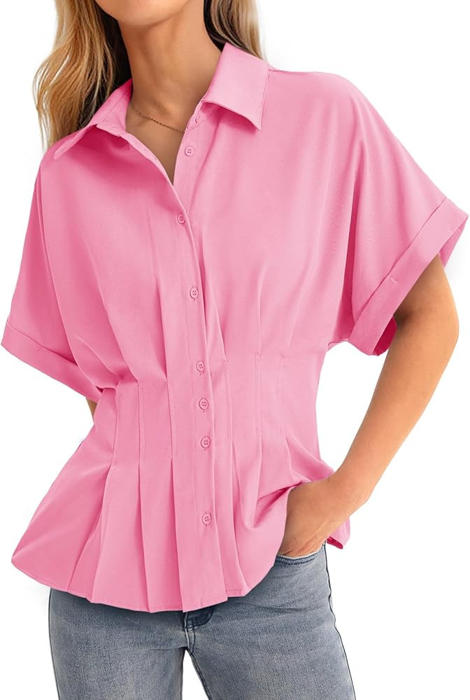 Amazon.com: Cicy Bell Womens Pleated Button Down Blouse Summer Cuffed Short Sleeve Peplum Tops Ca... | Amazon (US)