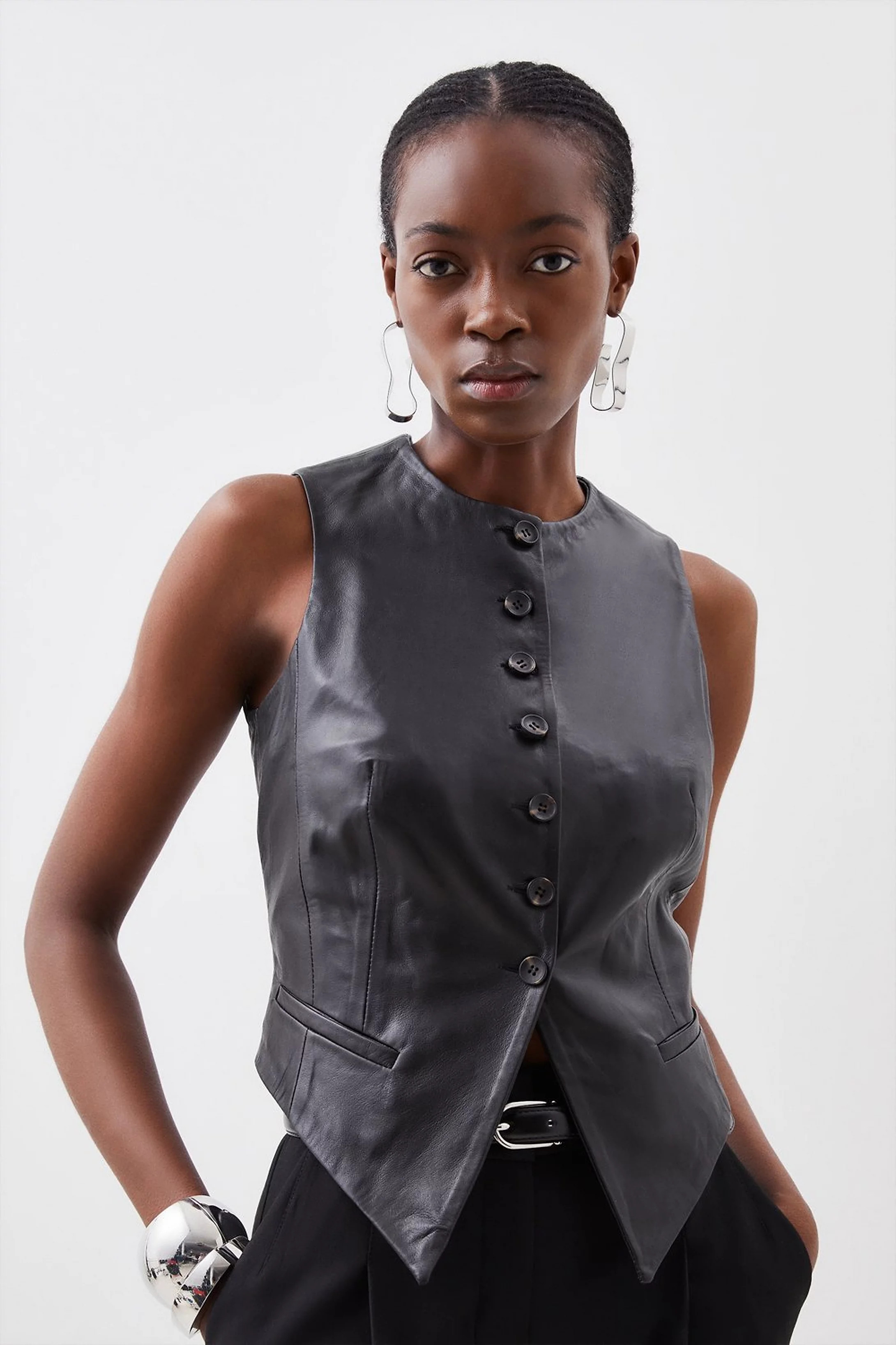 Leather Tailored Button Waistcoat | Karen Millen UK + IE + DE + NL
