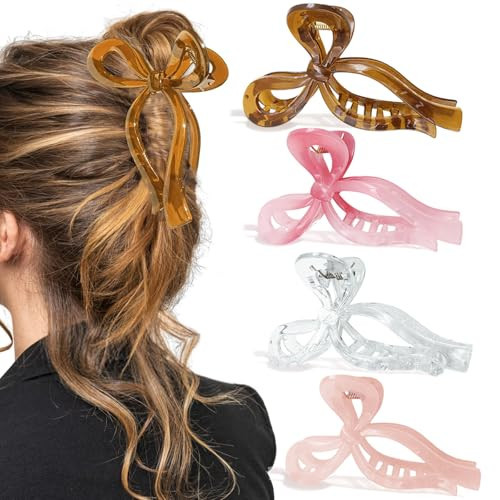 4PCS Large Acrylic Bow Hair Clips for Women, 5" Non-Slip Jelly Color Stylish Clips for Thick Hair | Amazon (US)