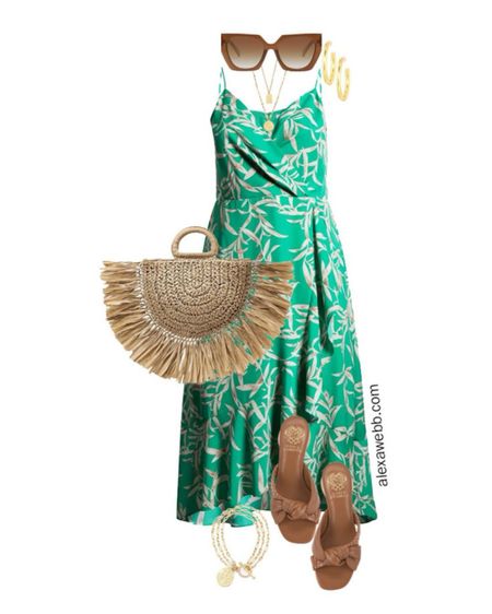 Plus Size Summer Dresses 6 - An easy casual summer outfit with a green wrap midi dress, chunky gold hoop earrings, and a raffia clutch. Alexa Webb #plussize

#LTKstyletip #LTKplussize #LTKover40