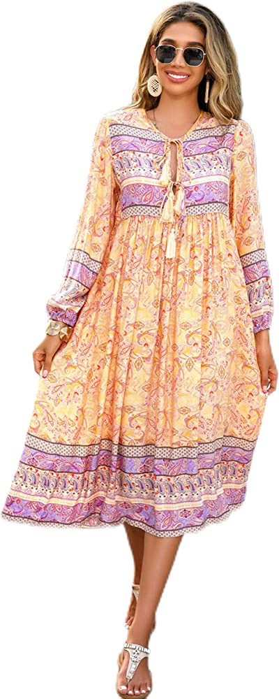 R.Vivimos Women's Long Sleeve Floral Print Retro V Neck Tassel Bohemian Midi Dresses | Amazon (US)