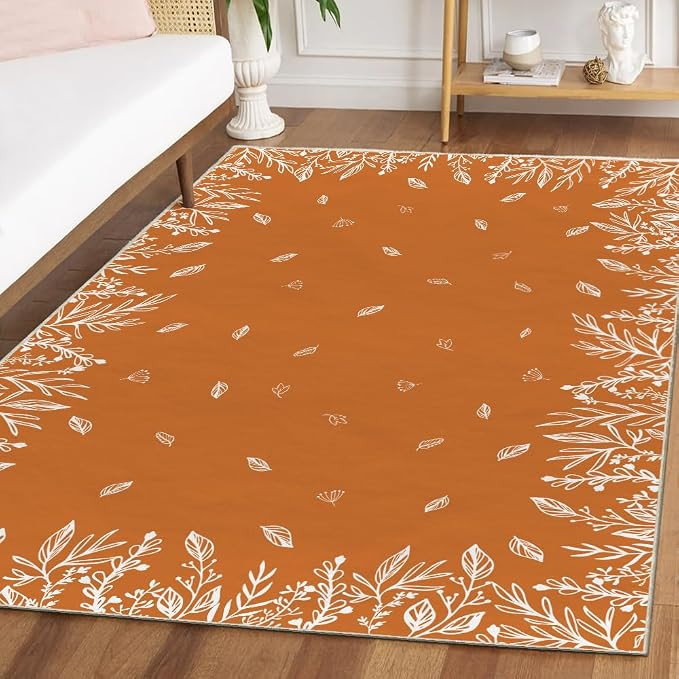 Artoid Mode Orange Floral Leaves Fall Area Rug, Autumn Thanksgiving Home Decor Low-Profile Washab... | Amazon (US)