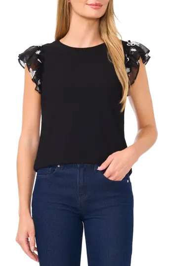 CeCe Mixed Media Flutter Sleeve Knit Top in Rich Black at Nordstrom Rack, Size Xx-Large | Nordstrom Rack