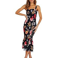 PRETTYGARDEN Women's Summer Floral Midi Tank Dress Sleeveless Strappy Ruffle Hem Smocked Bodycon ... | Amazon (US)