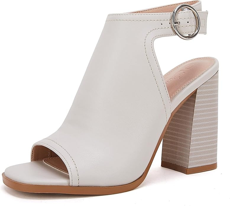 Ermonn Women‘s Cutout Peep Toe Stacked Heeled Sandals Ankle Strap Buckle Booties | Amazon (US)