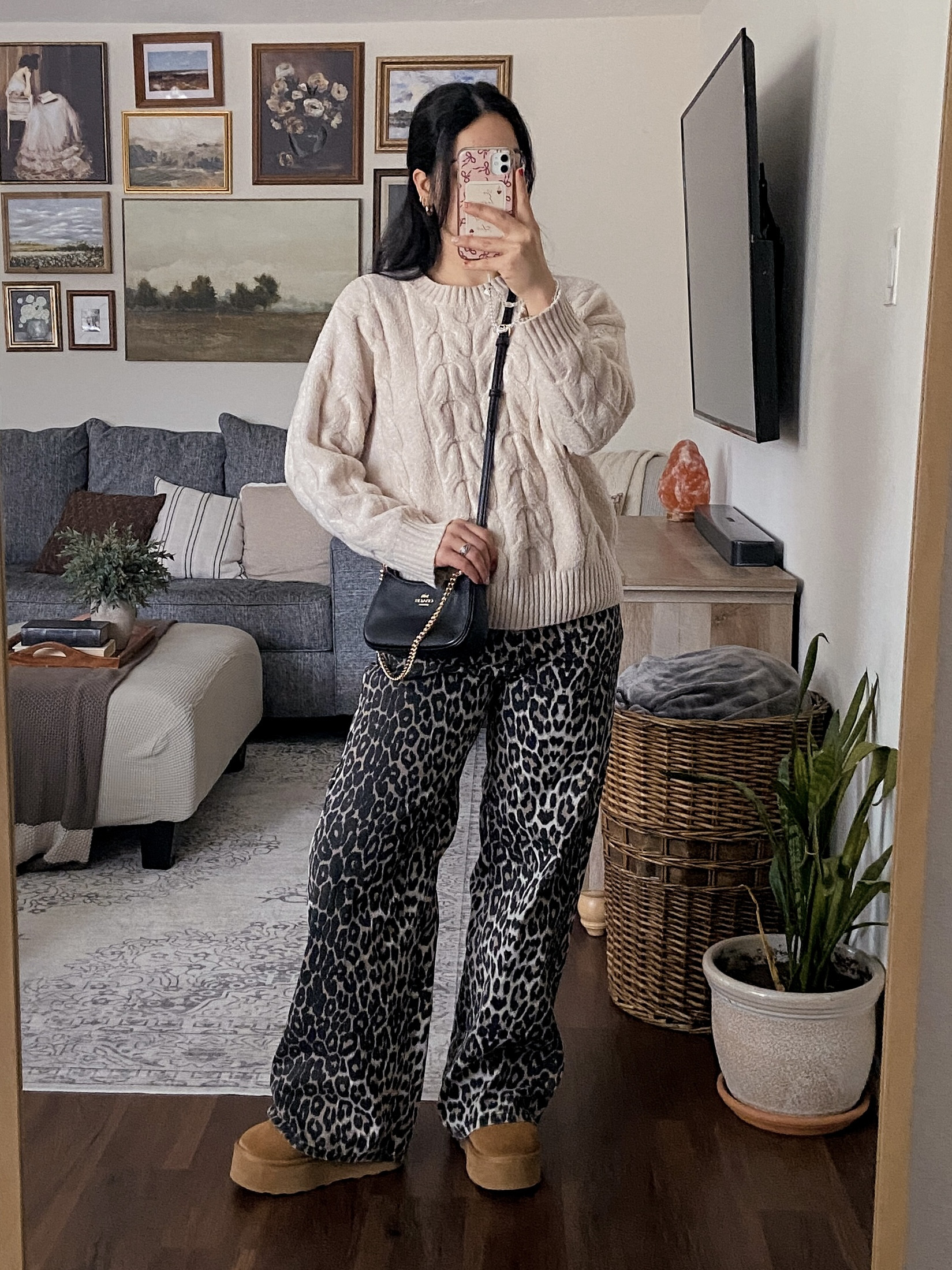 today’s ootd: cozy with a little personality 🐆 outfit of the day, cozy casual outfit, neutral outfit inspo, beige cable knit sweater outfit, leopard wide leg pants outfit, comfy cute outfit, casual winter outfit, everyday cozy style, relaxed chic outfit, cute casual look, beige cable knit sweater, cozy knit sweater outfit, leopard print pants, wide leg lounge pants, platform ugg boots outfit, ugg winter style, neutral color outfit, casual layering look, comfy fashion styling, coach mini crossbody bag, coach bag outfit, mini crossbody styling, hair bow outfit, cute hair accessories, everyday bag look, chic casual accessories, cozy girl aesthetic, neutral cozy vibes, pinterest inspired outfit, comfy but cute, soft casual style, relaxed feminine outfit, cozy winter fashion, cute everyday aesthetic  

 #LTKdayinmylife #LTKgrwm #LTKootd